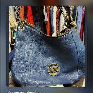 Michael Kors Blue Pebbled Leather Shoulder Bag with Gold Hardware